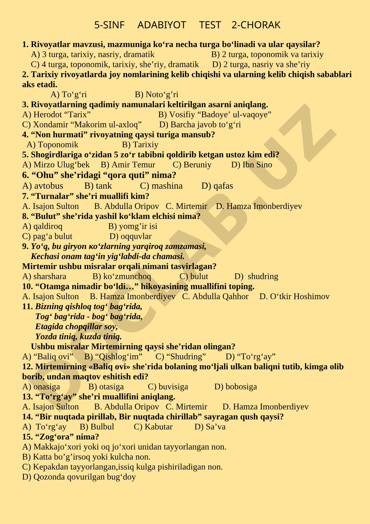 5-sinf adabiyot 2-chorak test