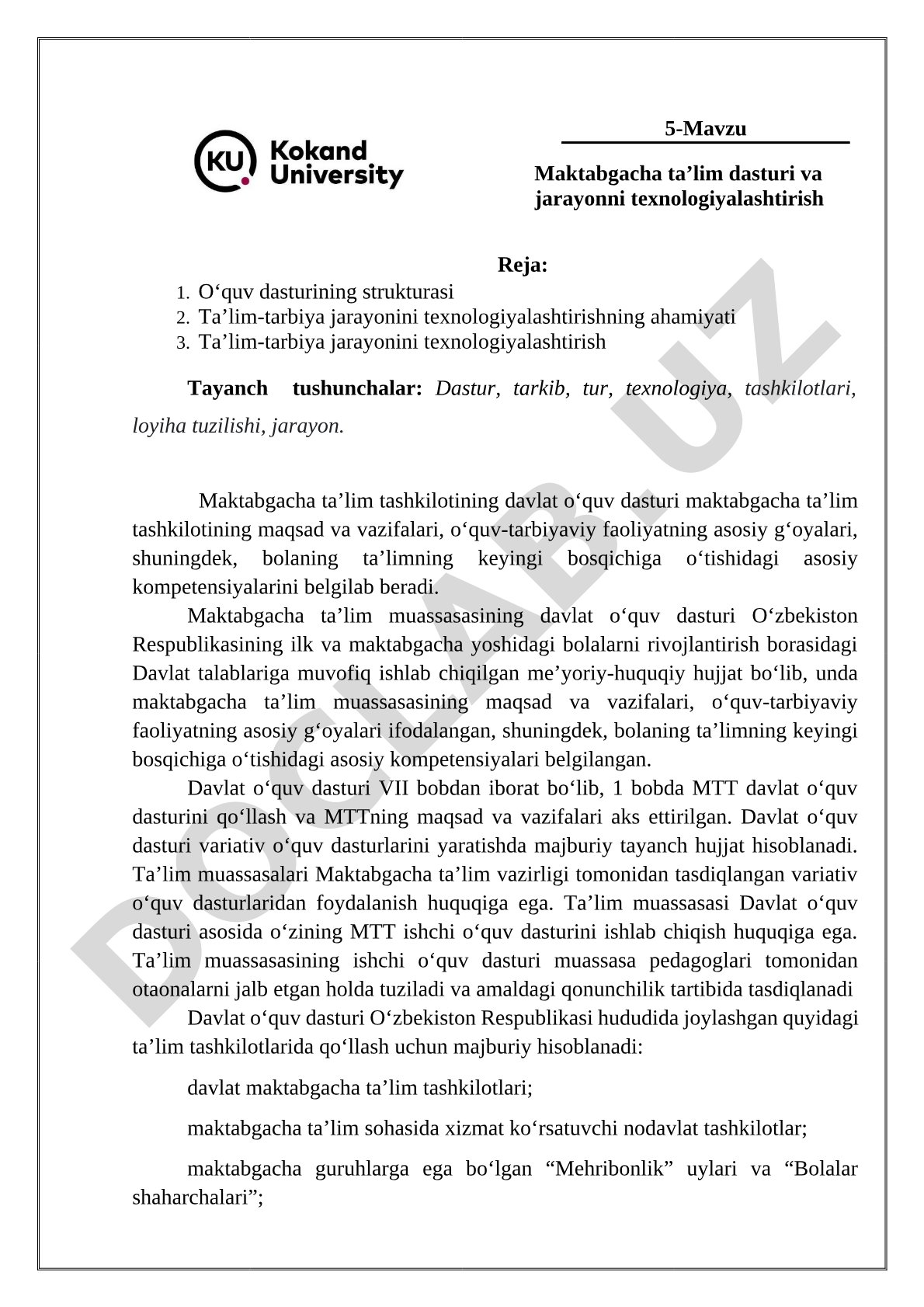 Maktabgacha ta’lim dasturi va jarayonni texnologiyalashtirish