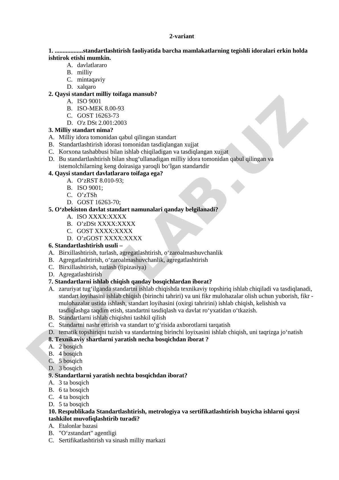 Standartlashtirish fanidan test savollari