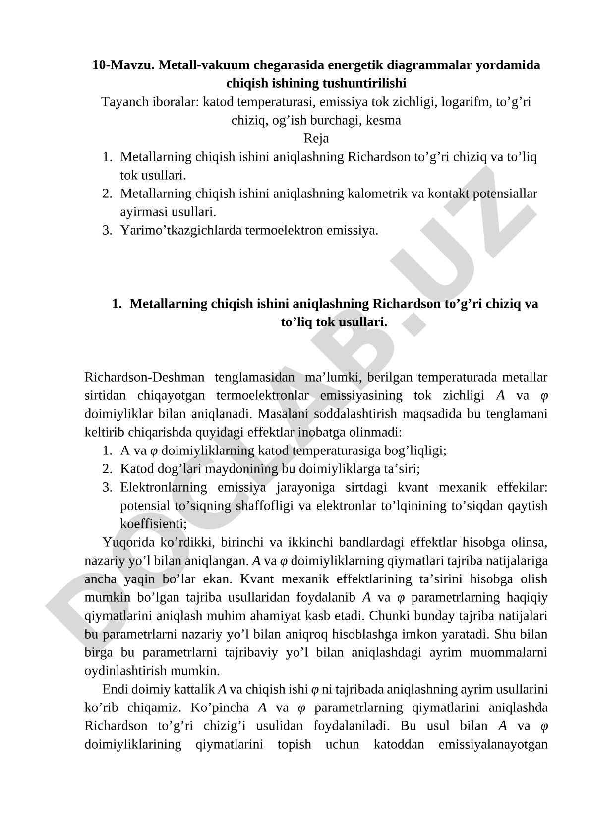 Metall-vakuum chegarasida energetik diagrammalar yordamida chiqish ishining tushuntirilishi