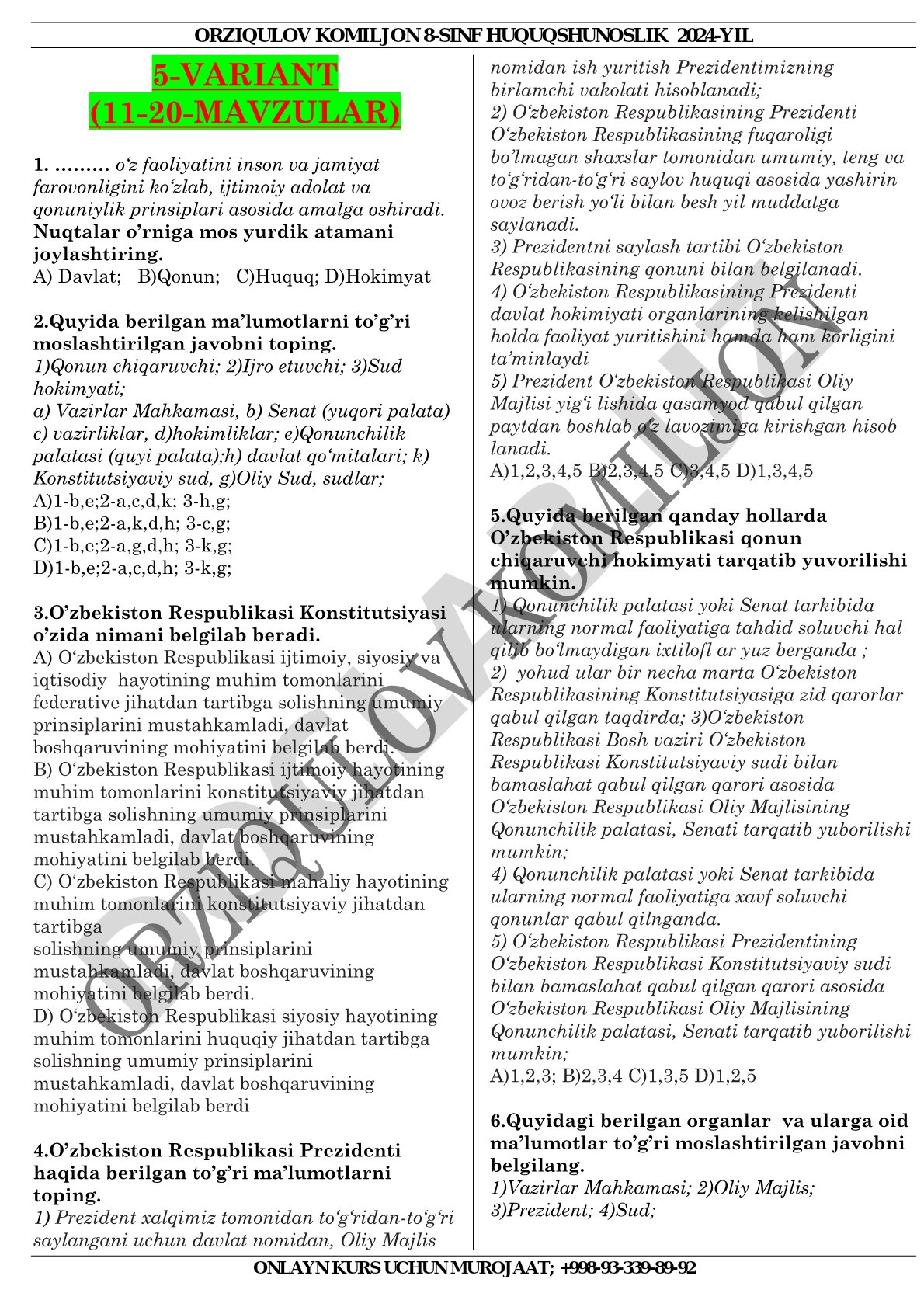 8-sinf huquqshunoslik 5-variant (11-20-mavzular)