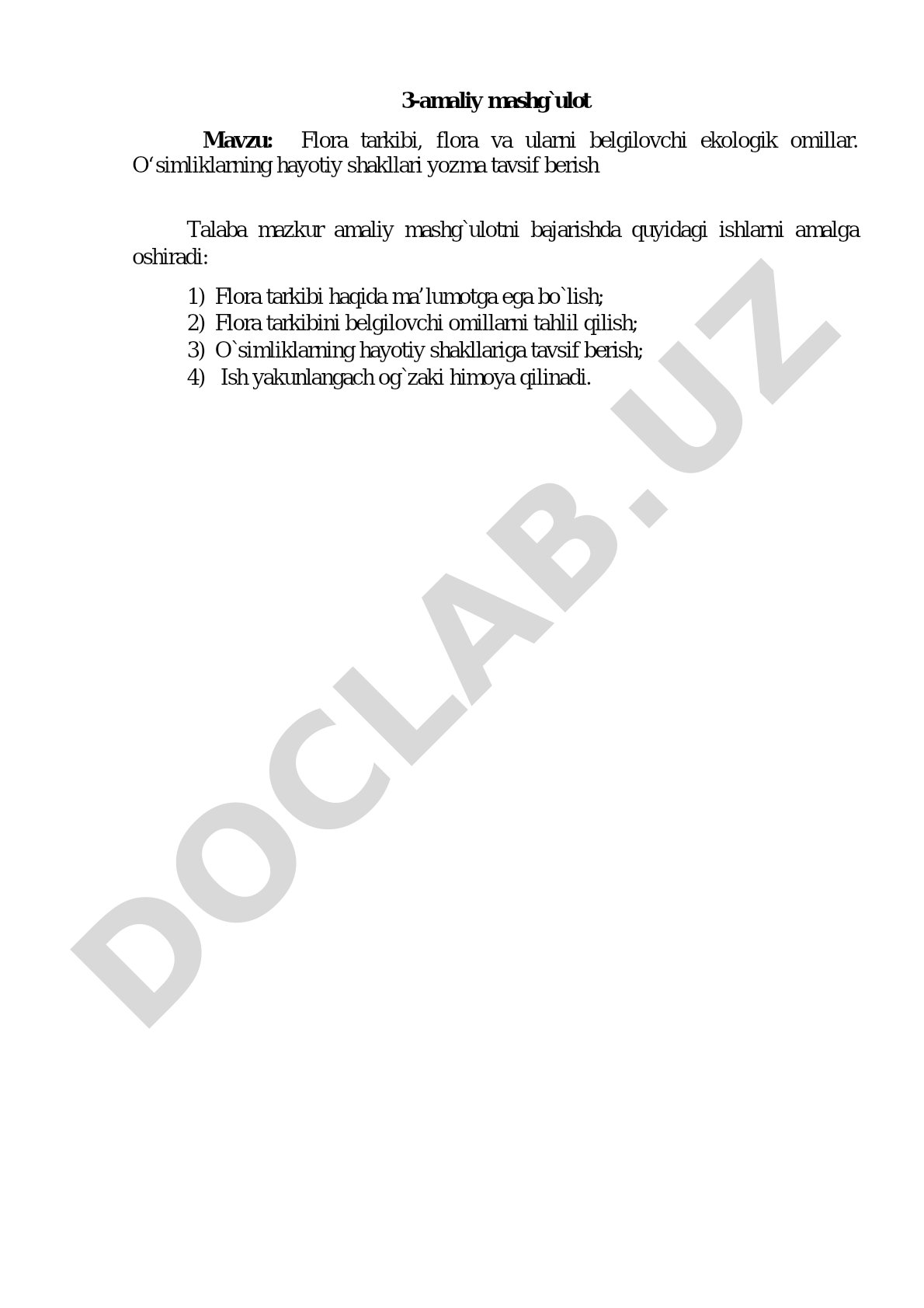 Flora tarkibi, flora va ularni belgilovchi ekologik omillar. O‘simliklarning hayotiy shakllari yozma tavsif berish