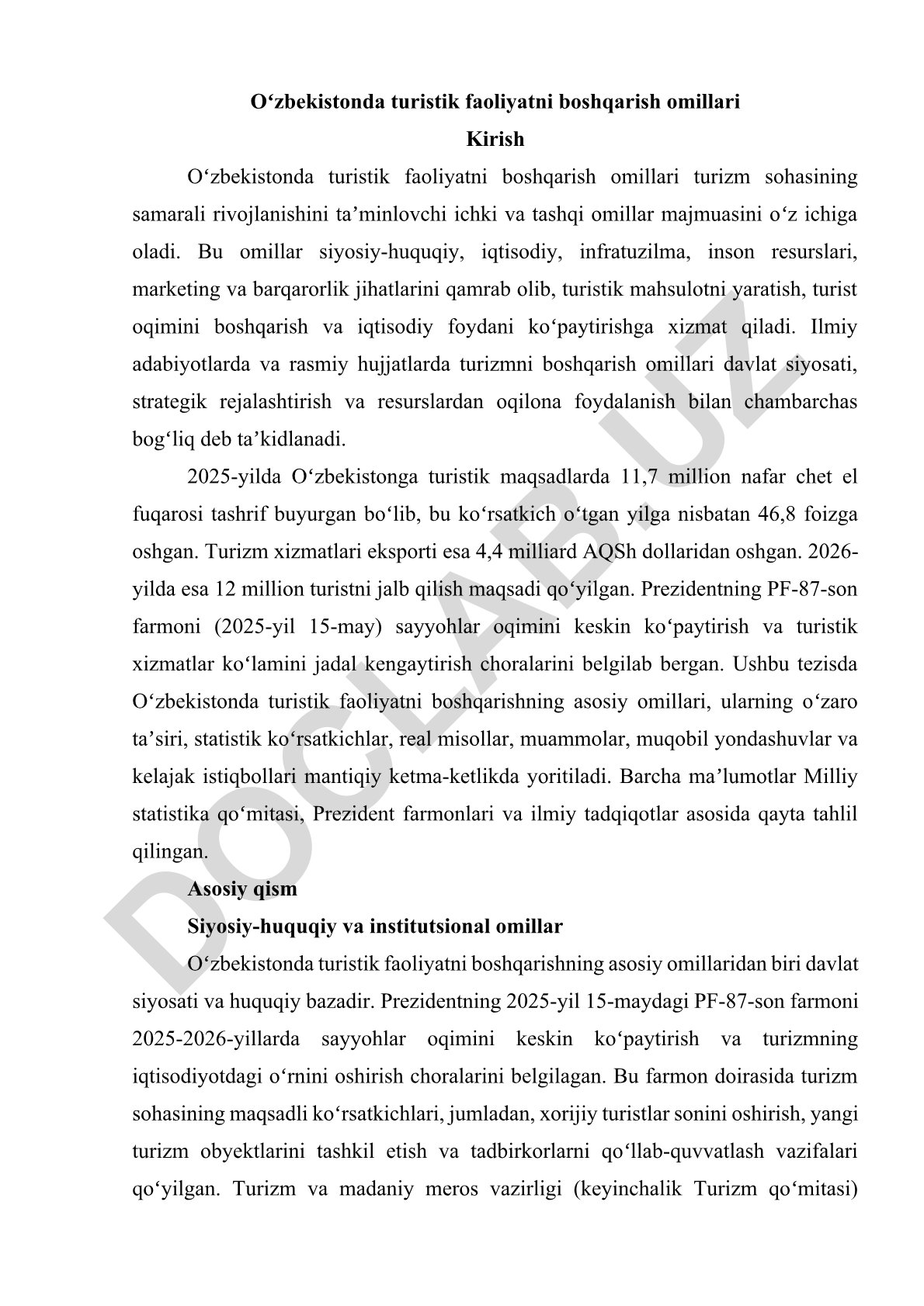 Oʻzbekistonda turistik faoliyatni boshqarish omillari