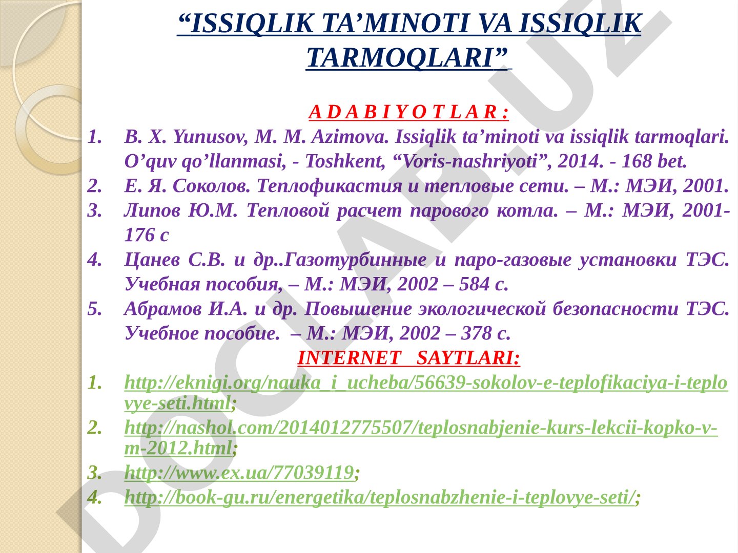 Issiqlik ta’minoti va issiqlik tarmoqlari