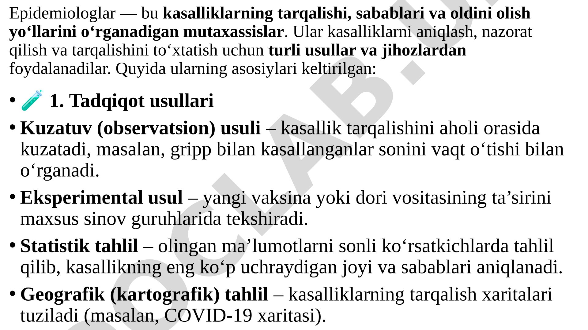 Epidemiologlar ishi: tadqiqot usullari va laboratoriya jihozlari