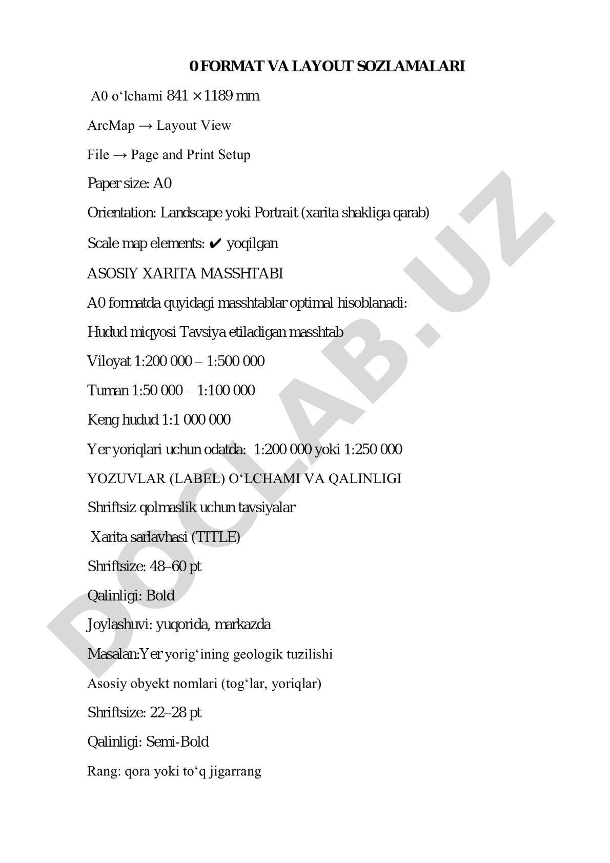 ArcMapda xarita uchun format va layout sozlamalari