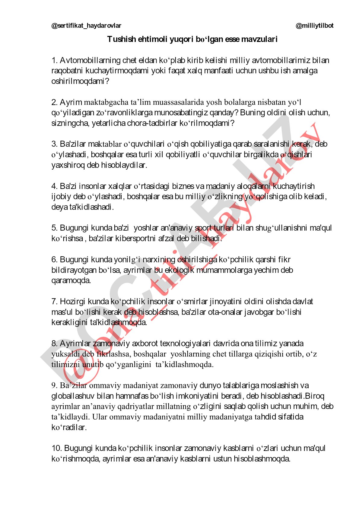 Tushish ehtimoli yuqori bo‘lgan esse mavzulari