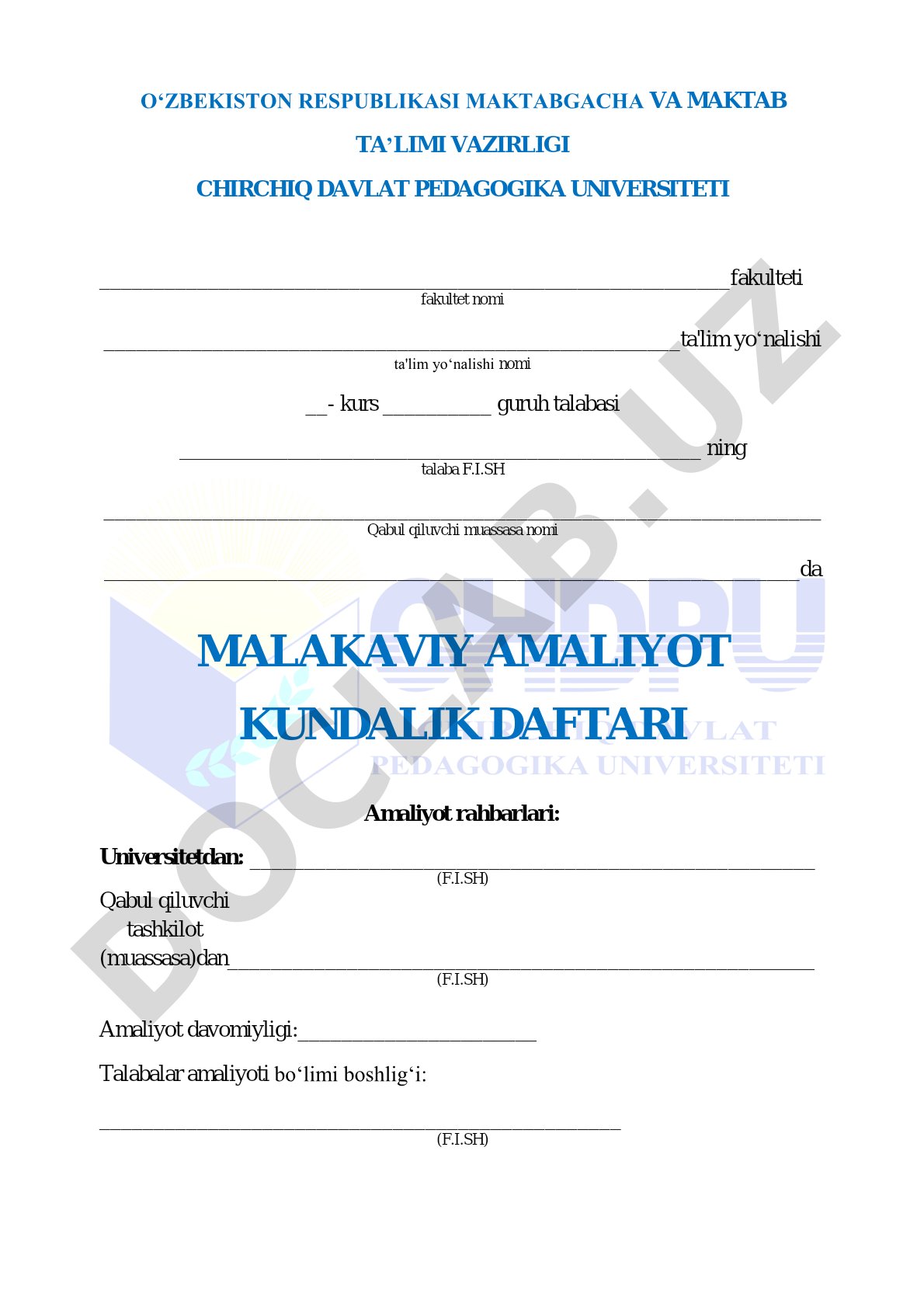 Malakaviy amaliyot kundalik daftari