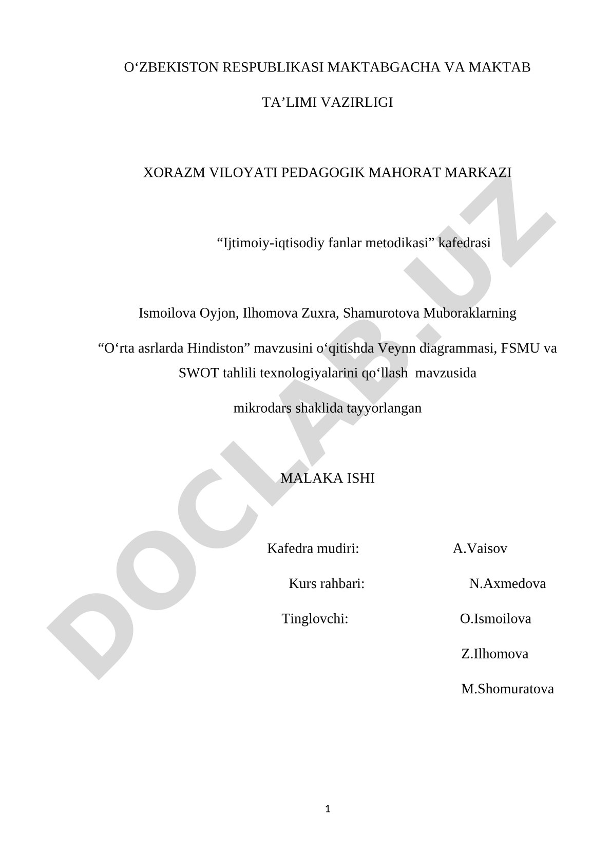 O‘rta asrlarda Hindiston mavzusini o‘qitishda Veynn diagrammasi, FSMU va SWOT tahlili texnologiyalarini qo‘llash