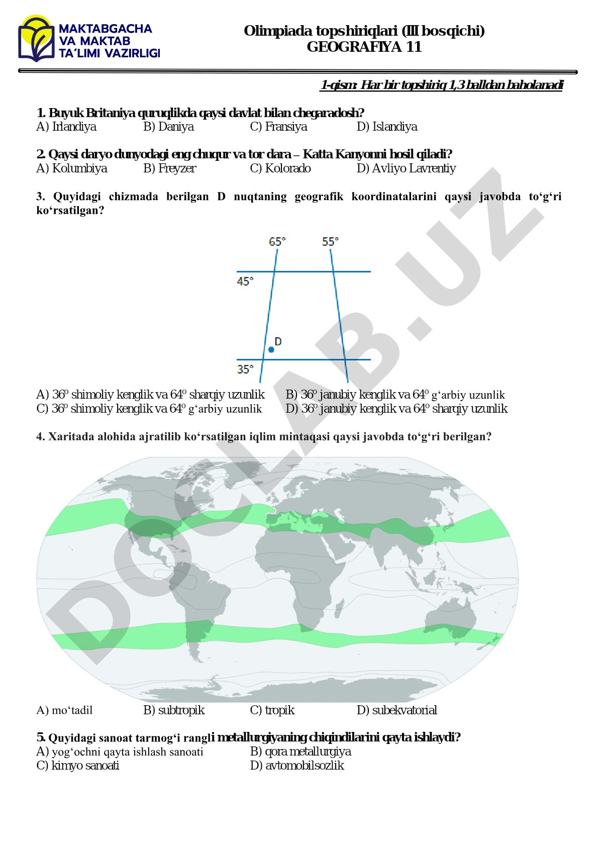Geografiya 11-sinf olimpiada topshiriqlari III bosqichi