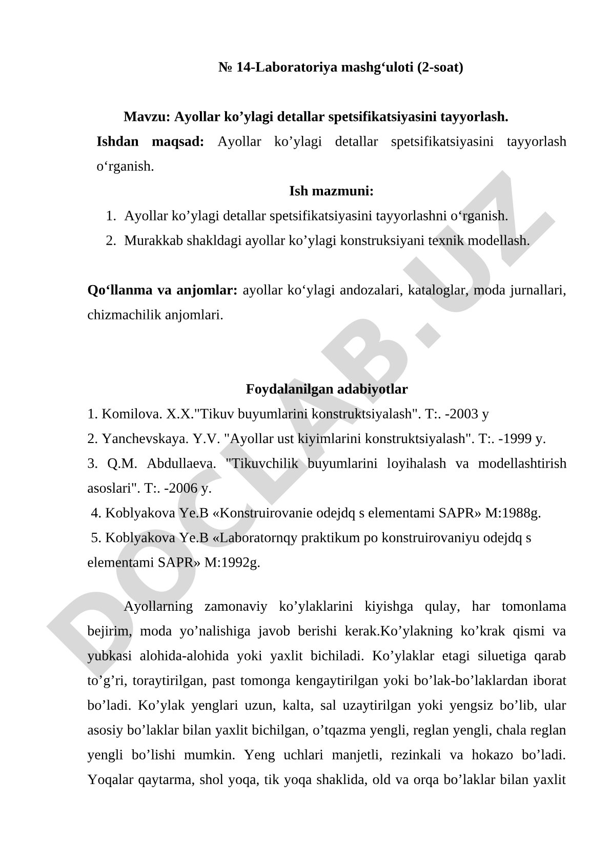 Ayollar ko'ylagi detallar spetsifikatsiyasini tayyorlash