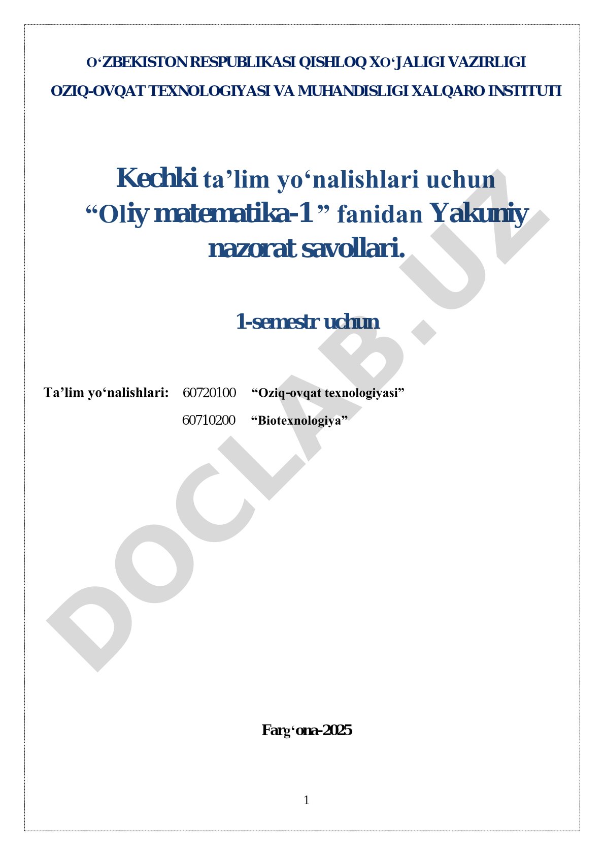 Oliy matematika-1 fanidan yakuniy nazorat savollari
