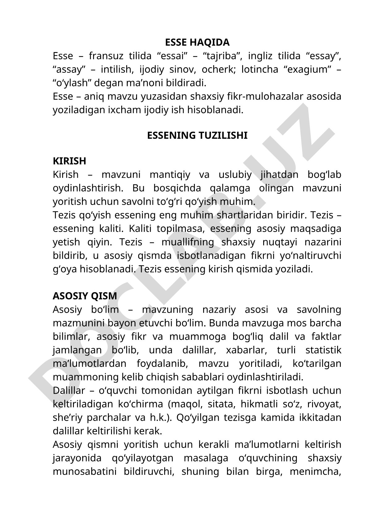 Esse haqida tushuncha va uning tuzilishi