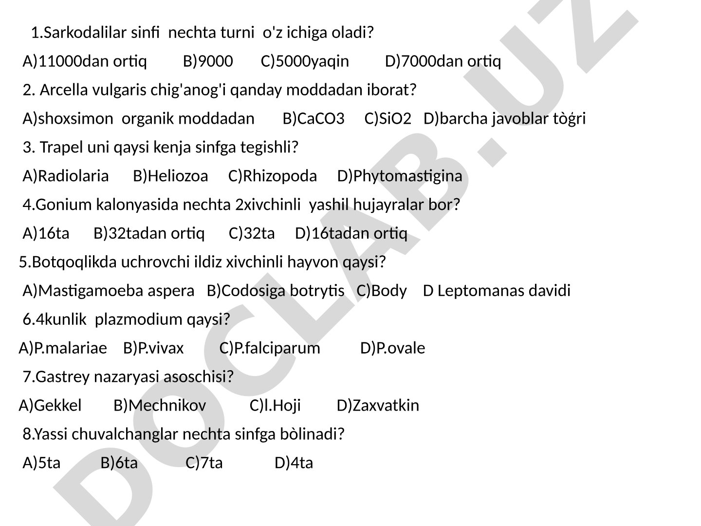 Zoologiya fanidan test savollari