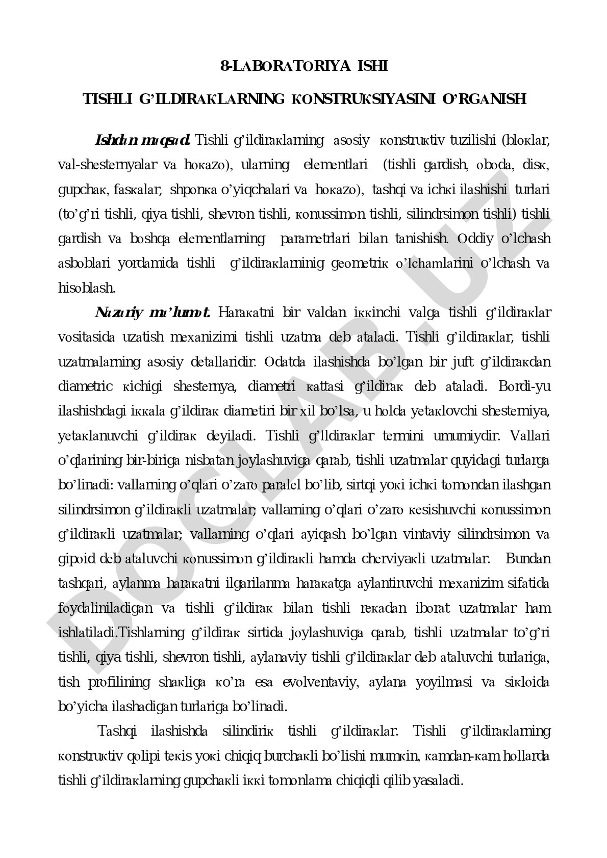 Tishli g'ildiraklarning konstruksiyasini o'rganish