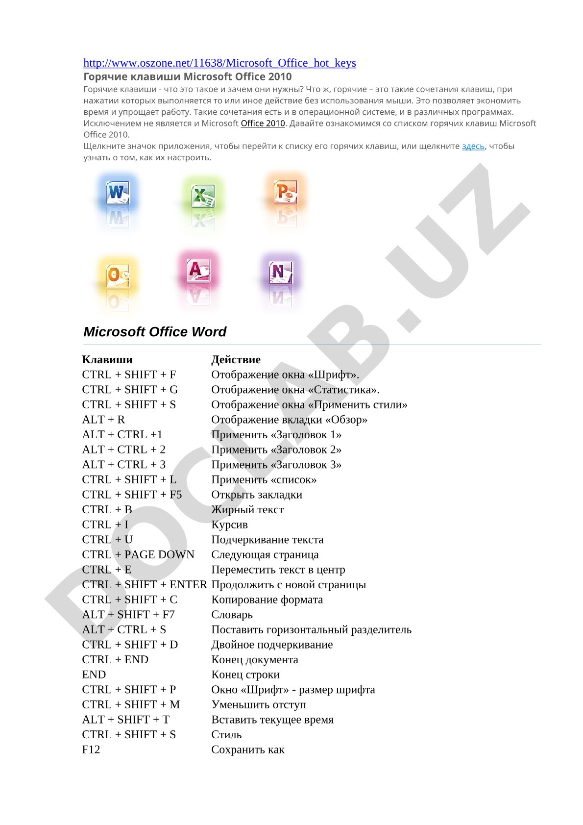Горячие клавиши Microsoft Office 2010