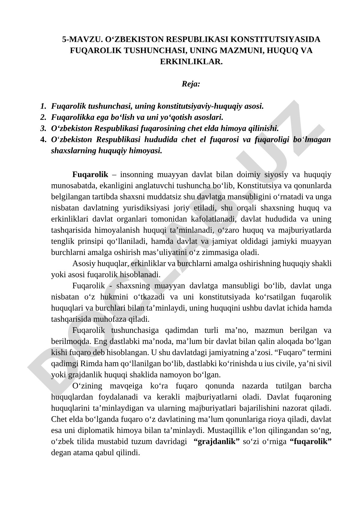 O‘ZBEKISTON RESPUBLIKASI KONSTITUTSIYASIDA FUQAROLIK TUSHUNCHASI, UNING MAZMUNI, HUQUQ VA ERKINLIKLAR