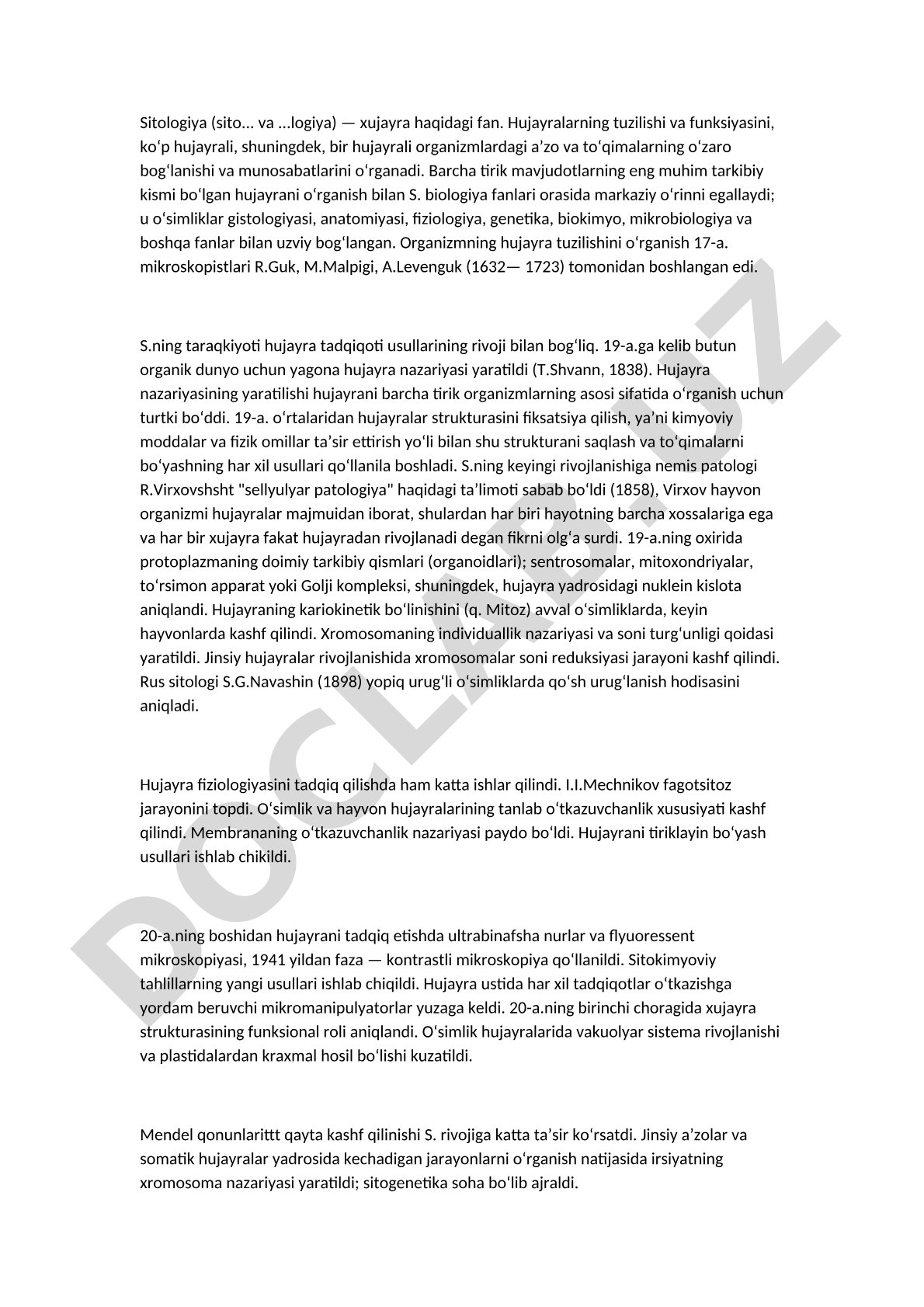Sitologiya - hujayra tuzilishi va funksiyasini o'rganuvchi fan