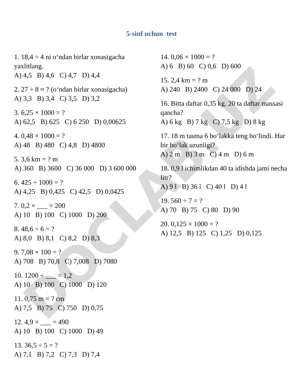 5-sinf uchun test 1