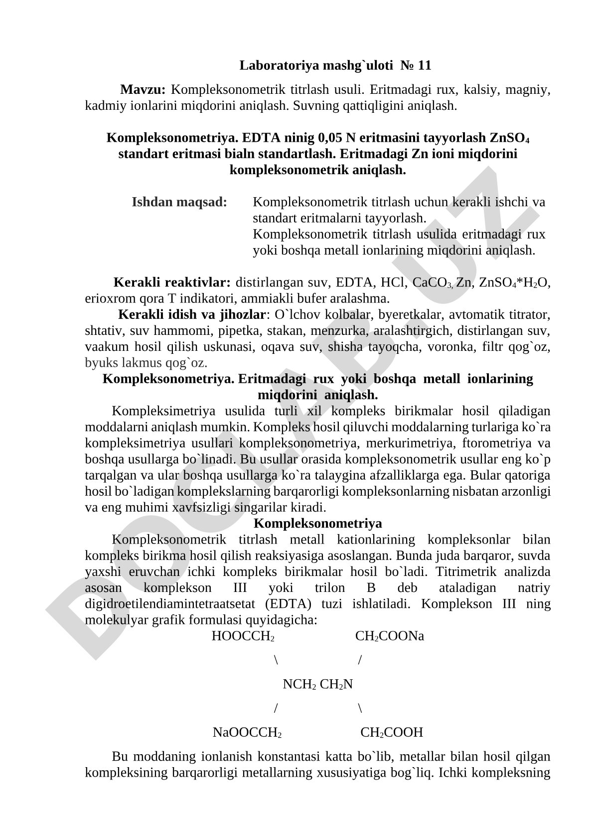 Kompleksonometrik titrlash usuli. Eritmadagi rux, kalsiy, magniy, kadmiy ionlarini miqdorini aniqlash. Suvning qattiqligini aniqlash.