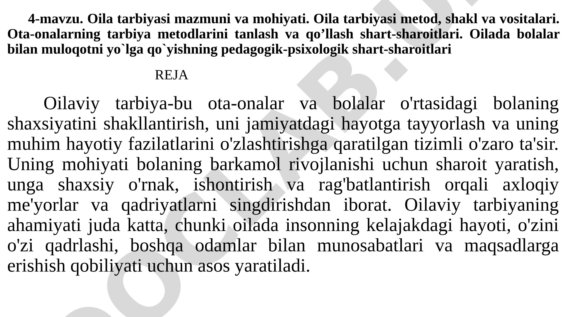 Oila tarbiyasi mazmuni va mohiyati