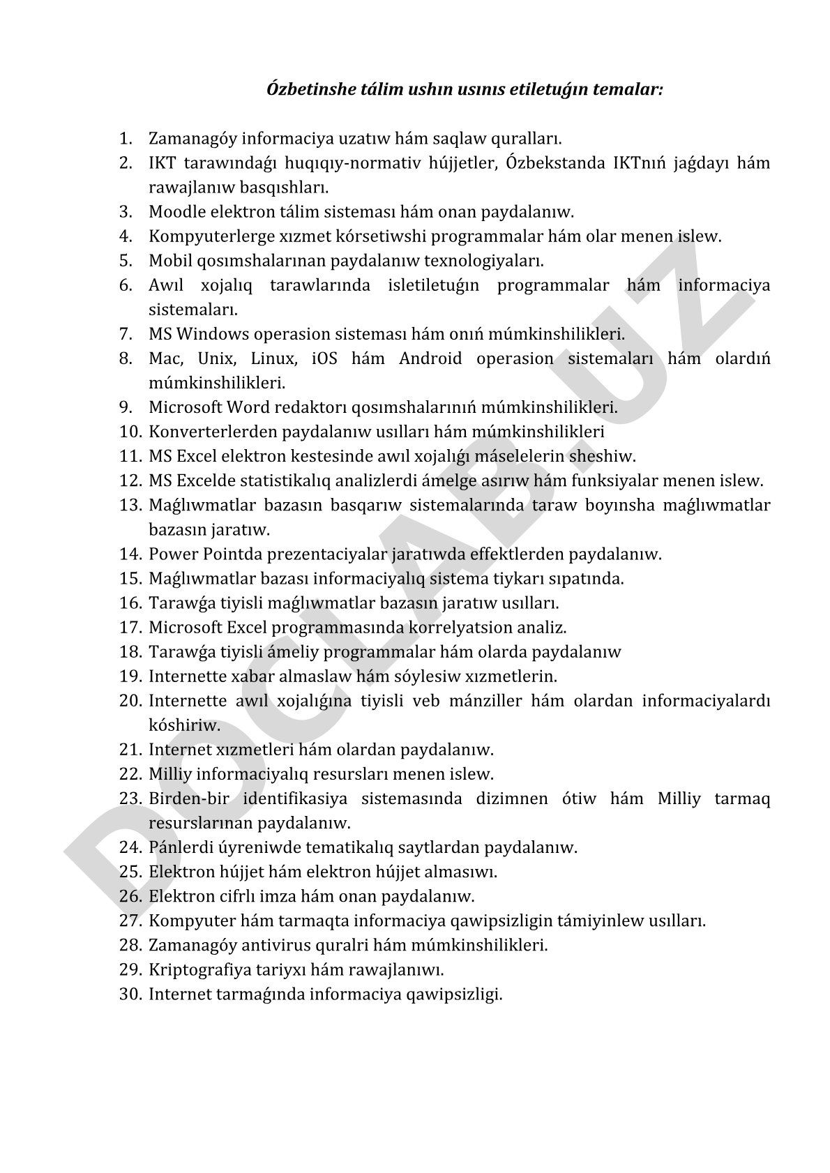 Ózbetinshe tálim ushın informaciya texnologiyaları hám programmalıq támiynat temaları