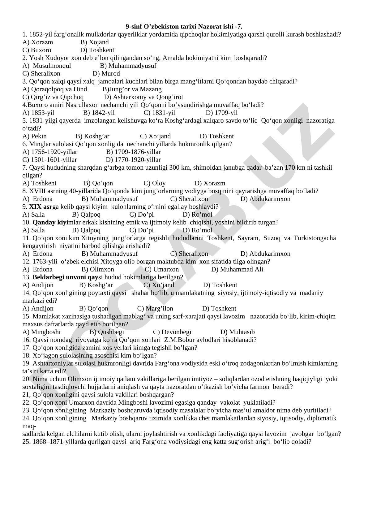 O'zbekiston tarixi 9-sinf nazorat ishi - 7