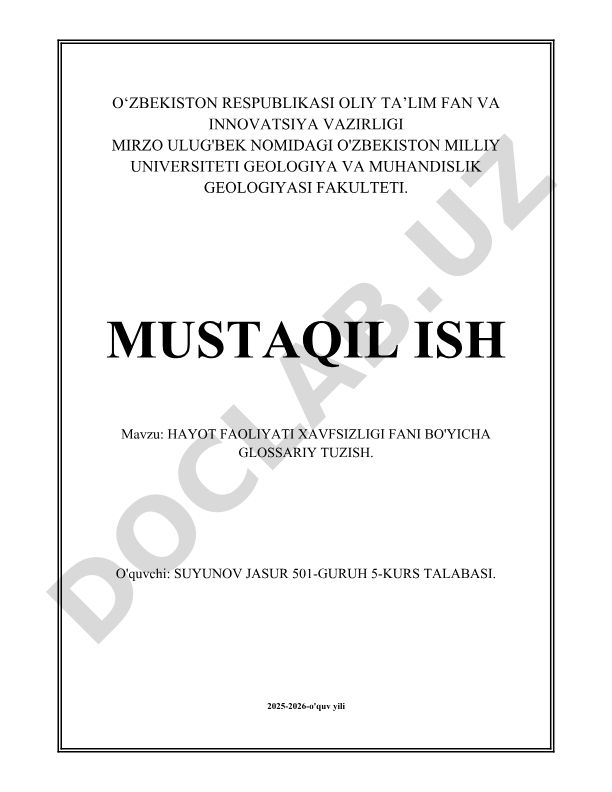 Hayot faoliyati xavfsizligi fani bo'yicha glossariy tuzish