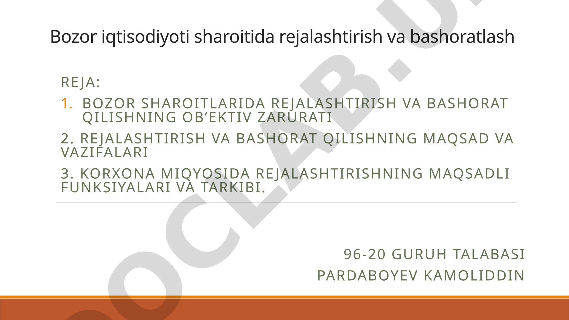 Bozor iqtisodiyoti sharoitida rejalashtirish va bashoratlash