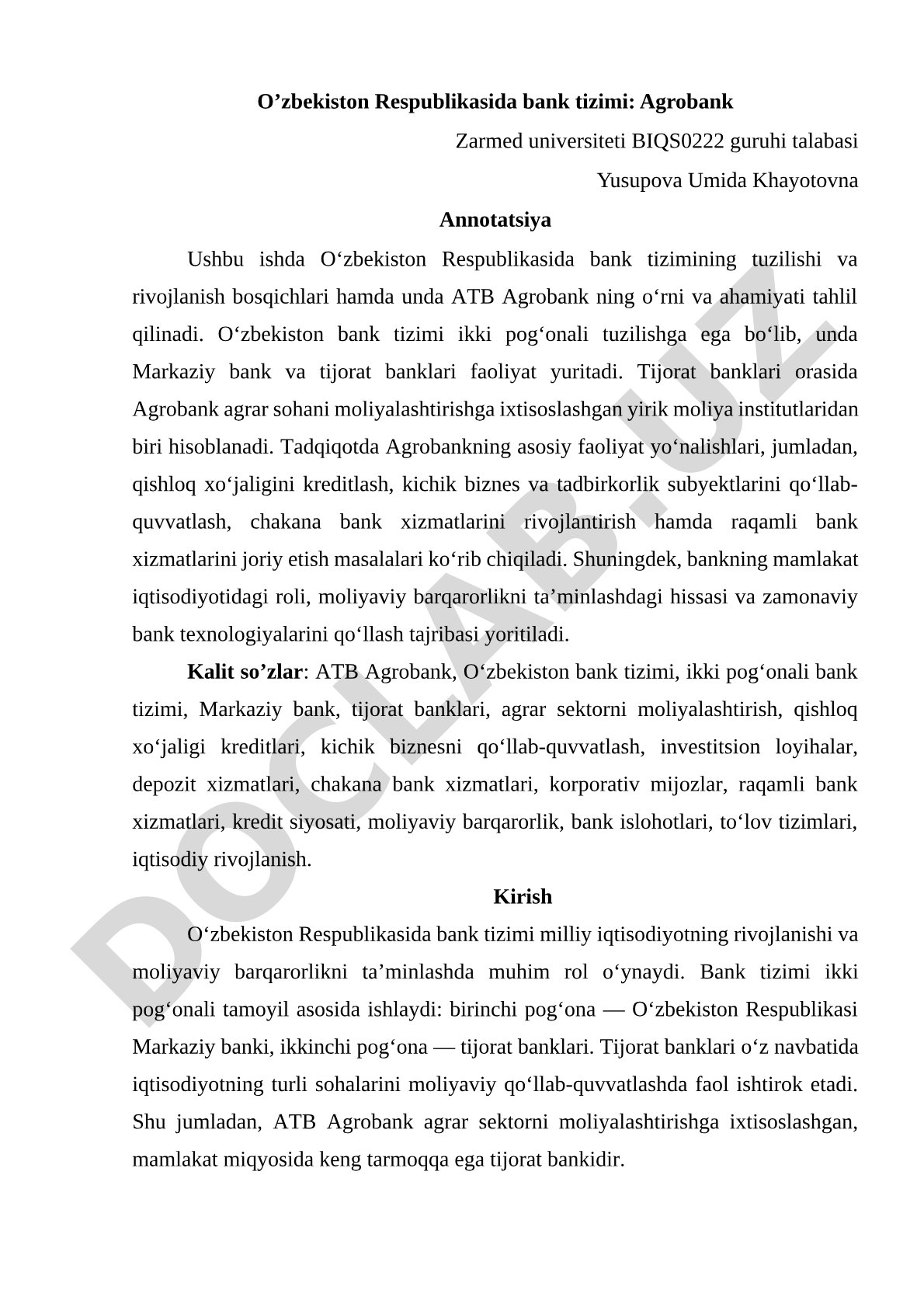 O’zbekiston Respublikasida bank tizimi: Agrobank