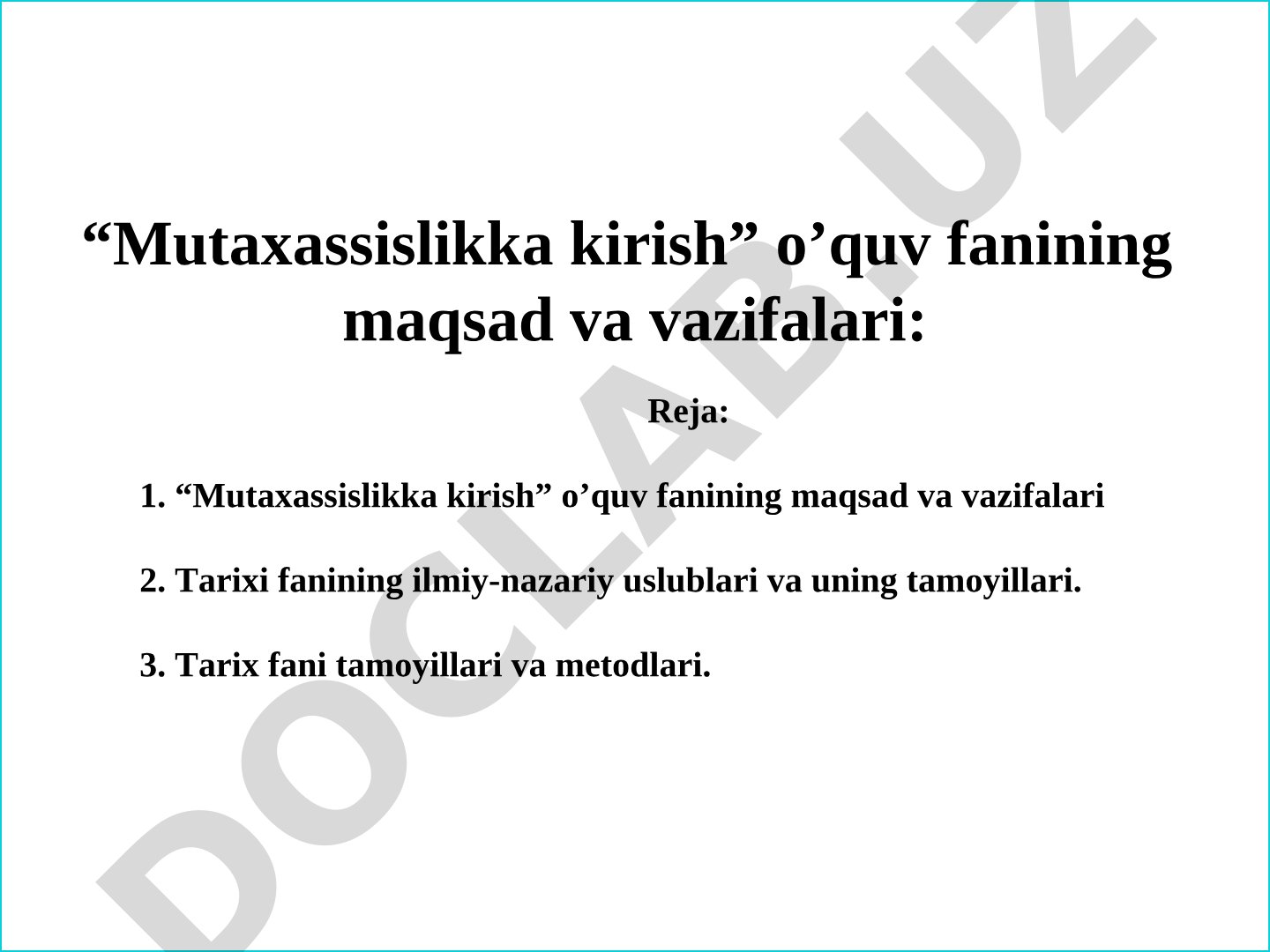 “Mutaxassislikka kirish” o’quv fanining maqsad va vazifalari