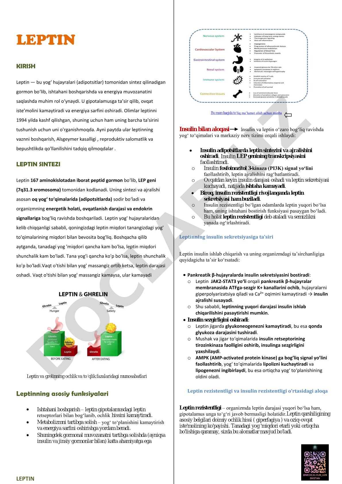 Leptin gormoni va uning organizmdagi roli