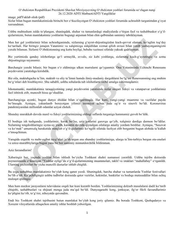 O‘zbekiston yoshlari forumida so‘zlagan nutq