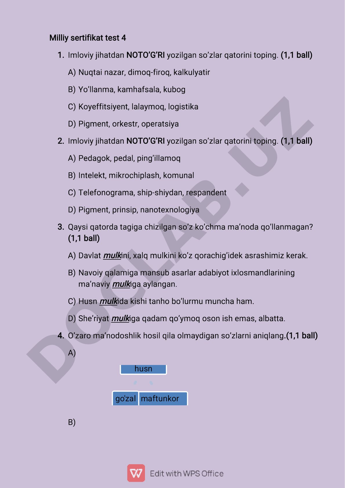 Milliy sertifikat test 4