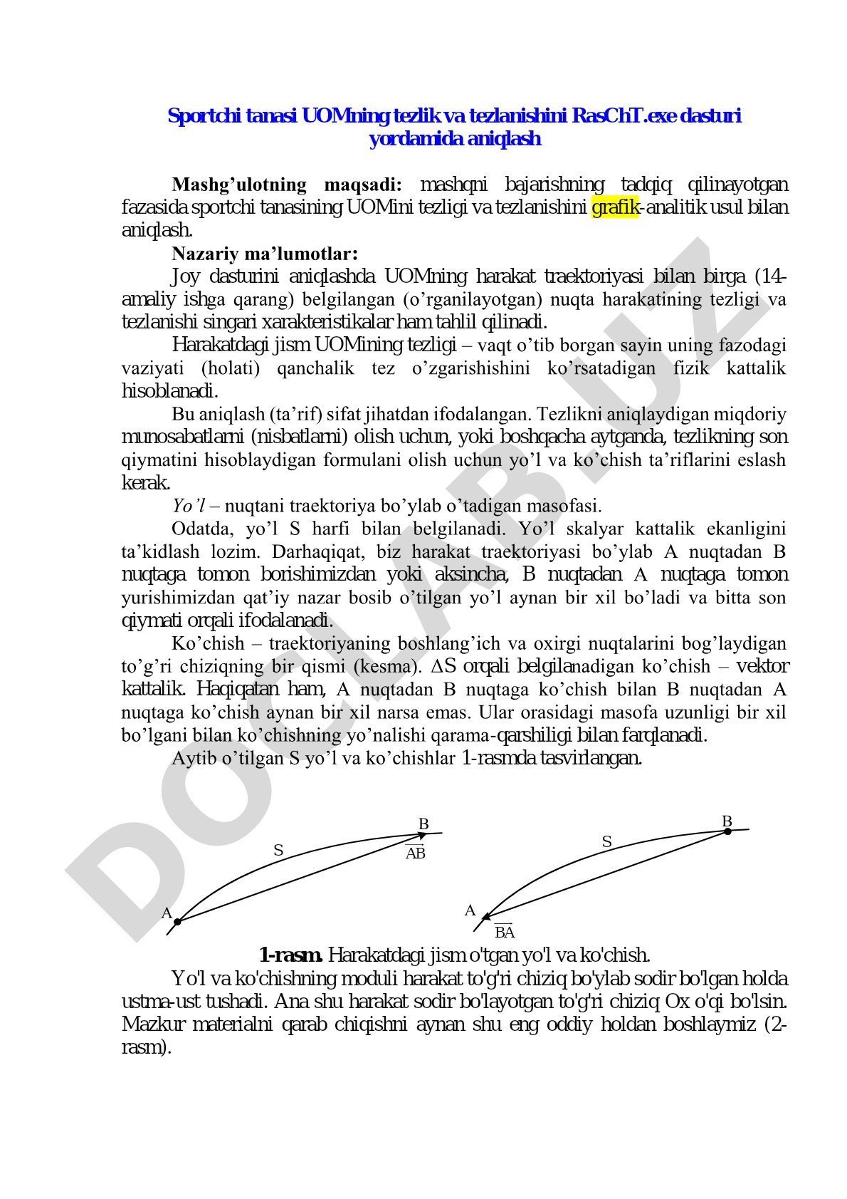Sportchi tanasi UOMning tezlik va tezlanishini RasChT.exe dasturi yordamida aniqlash