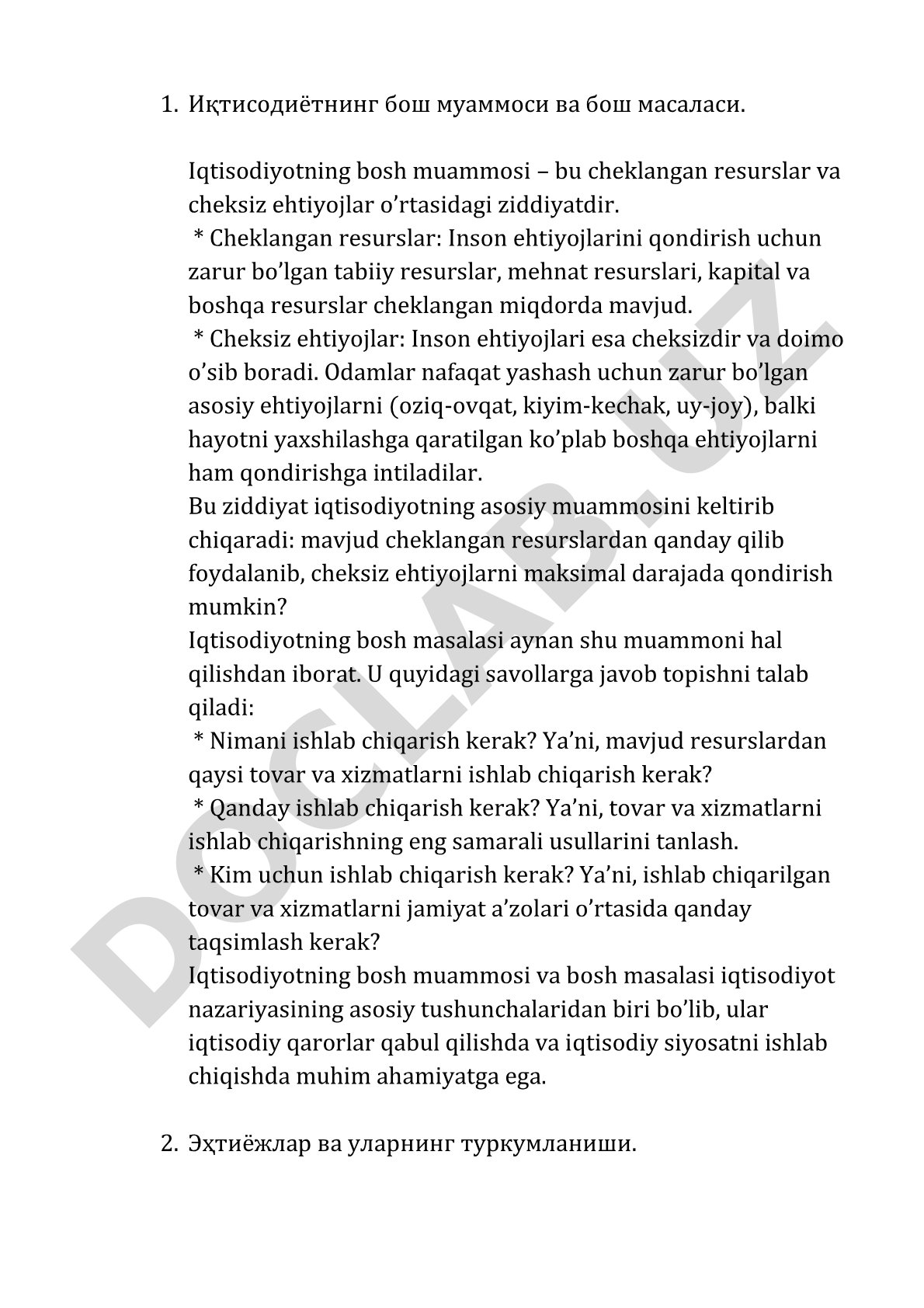 Iqtisodiyotning bosh muammosi va bosh masalasi