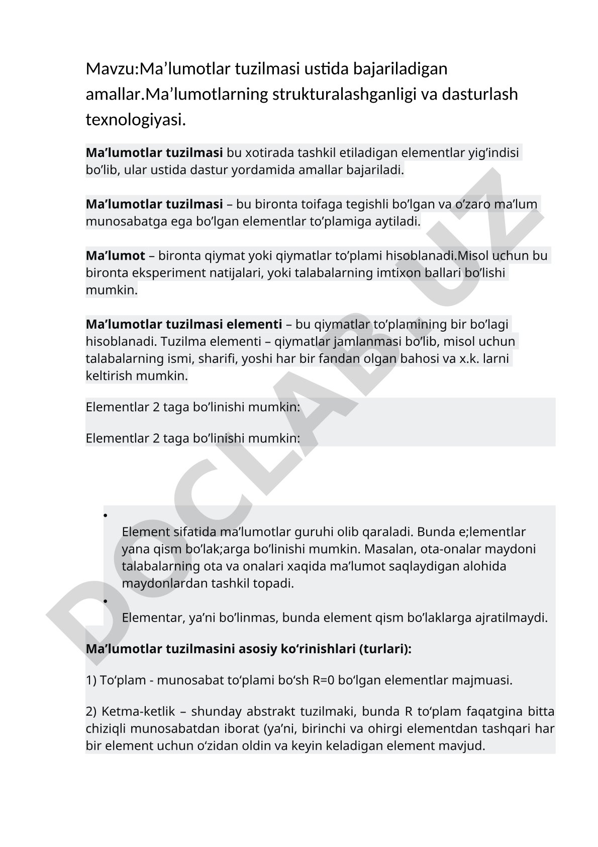 Ma’lumotlar tuzilmasi ustida bajariladigan amallar