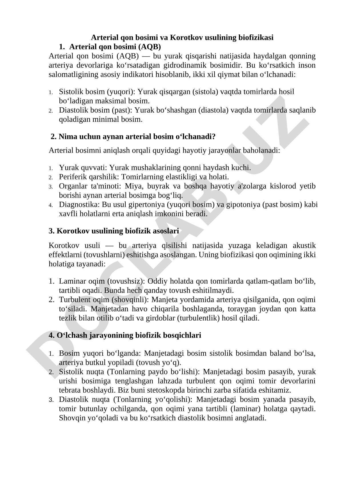 Arterial qon bosimi va Korotkov usulining biofizikasi