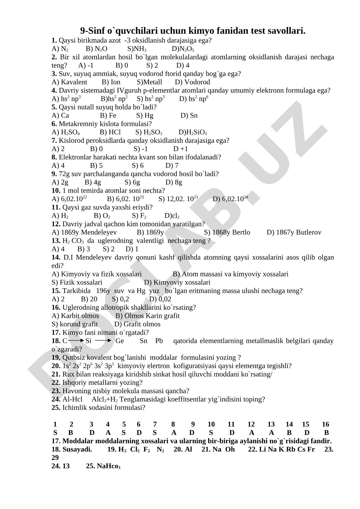 9-sinf kimyo fanidan test savollari