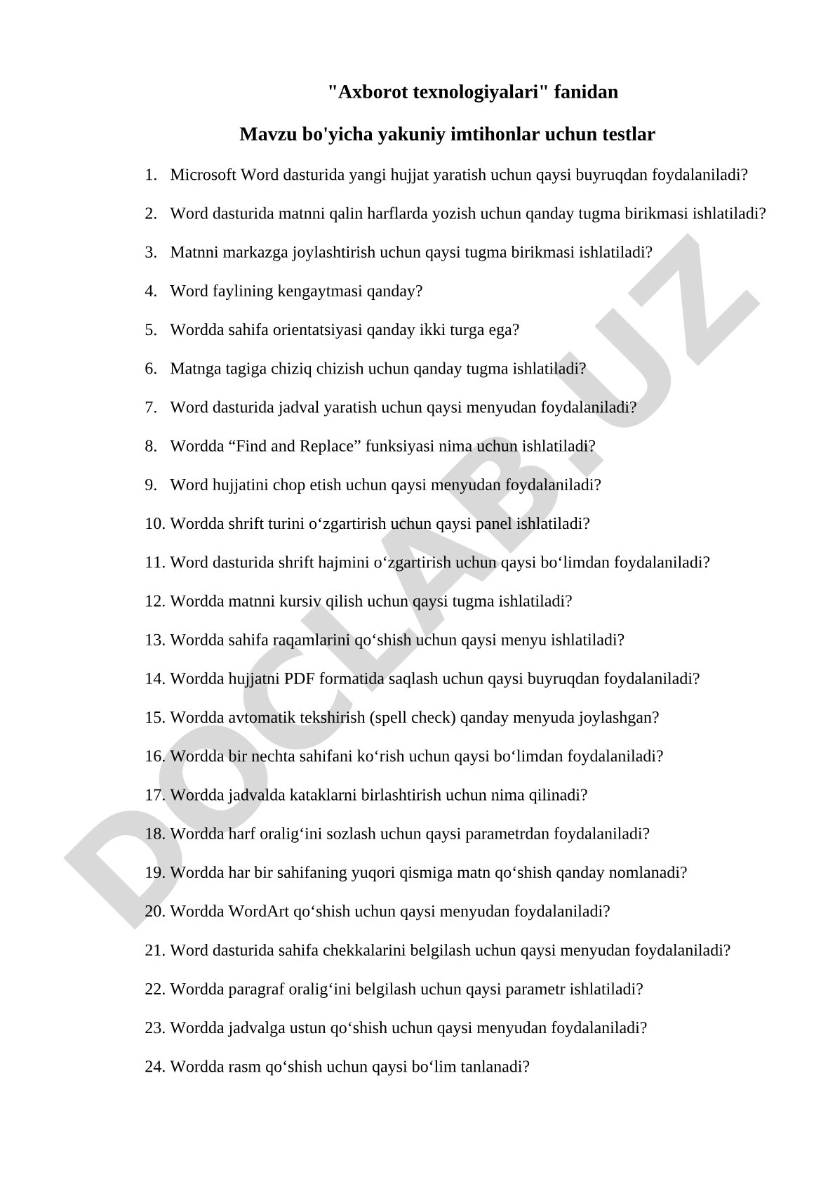 Axborot texnologiyalari fanidan Mavzu bo'yicha yakuniy imtihonlar uchun testlar