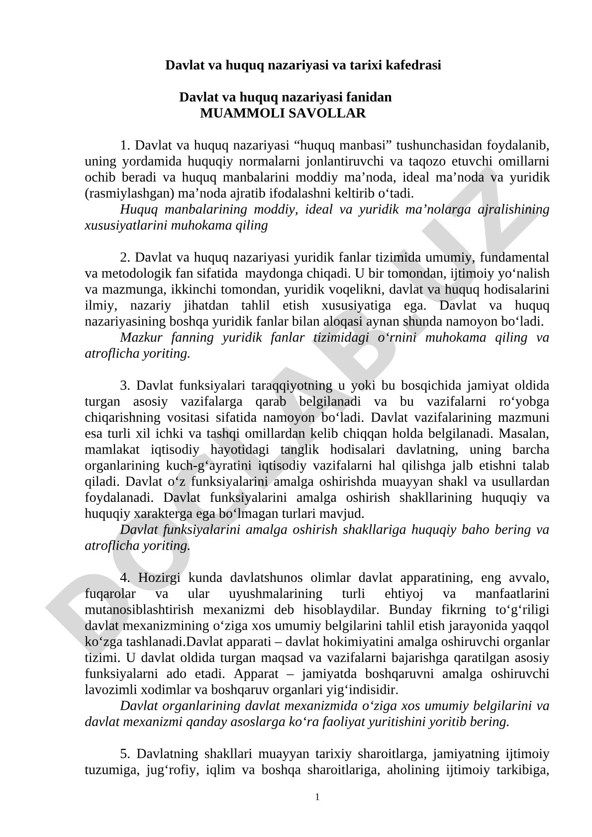 Davlat va huquq nazariyasi fanidan muammoli savollar