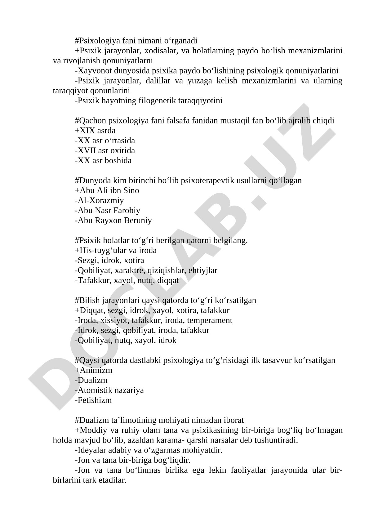 Psixologiya fanidan test savollari