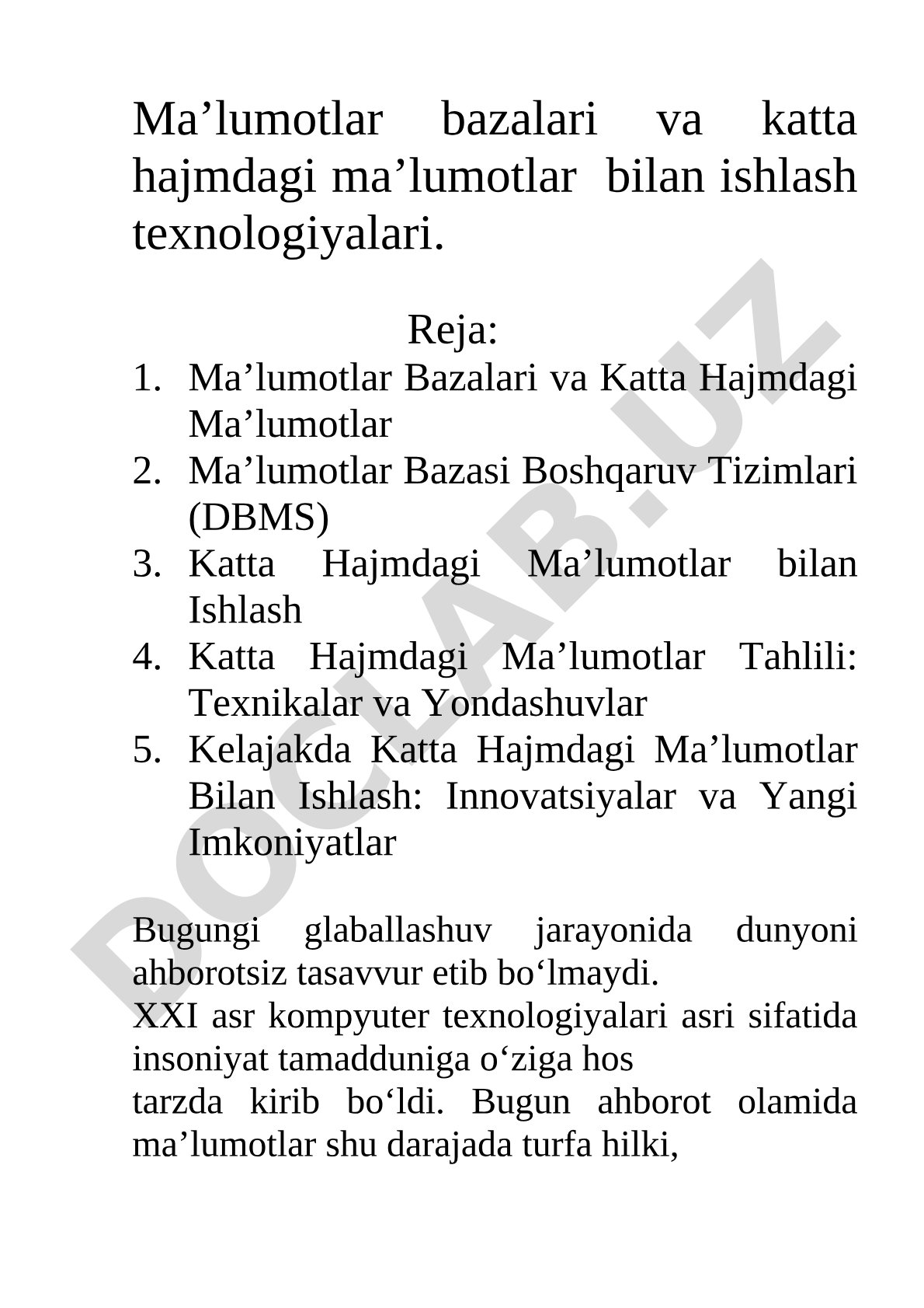 Ma’lumotlar bazalari va katta hajmdagi ma’lumotlar bilan ishlash texnologiyalari