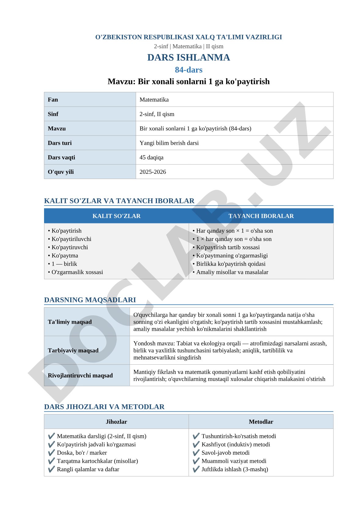 Bir xonali sonlarni 1 ga ko'paytirish