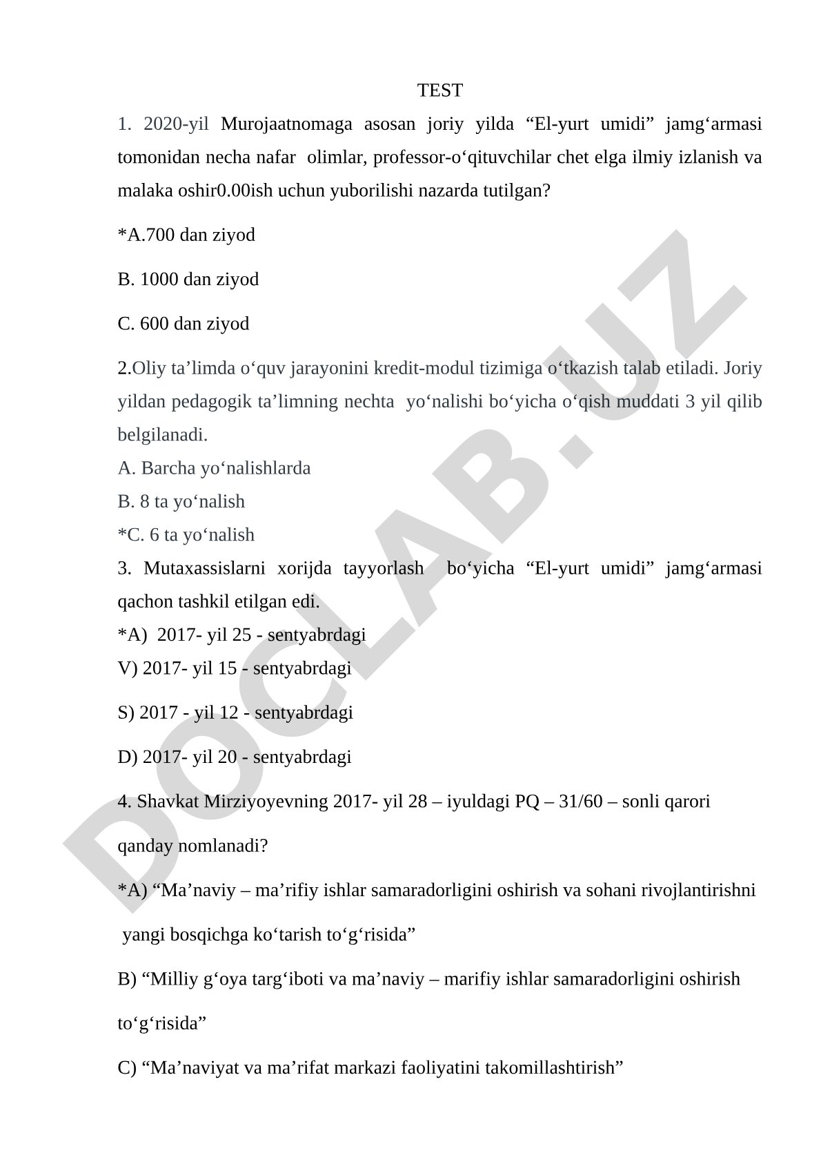 Oliy ta’lim islohotlari va El-yurt umidi jamg‘armasi bo‘yicha test savollari