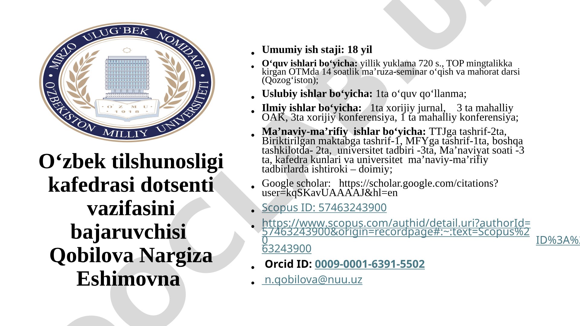 O‘zbek tilshunosligi kafedrasi dotsenti vazifasini bajaruvchisi Qobilova Nargiza Eshimovna