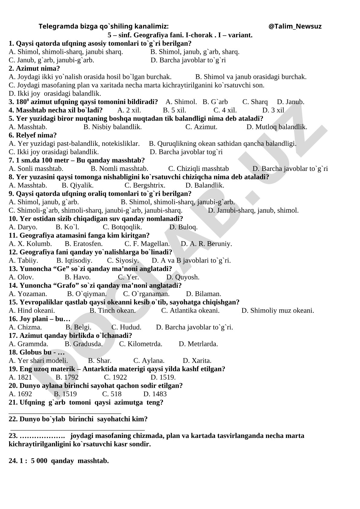 5 – sinf. Geografiya fani. I-chorak . I – variant.