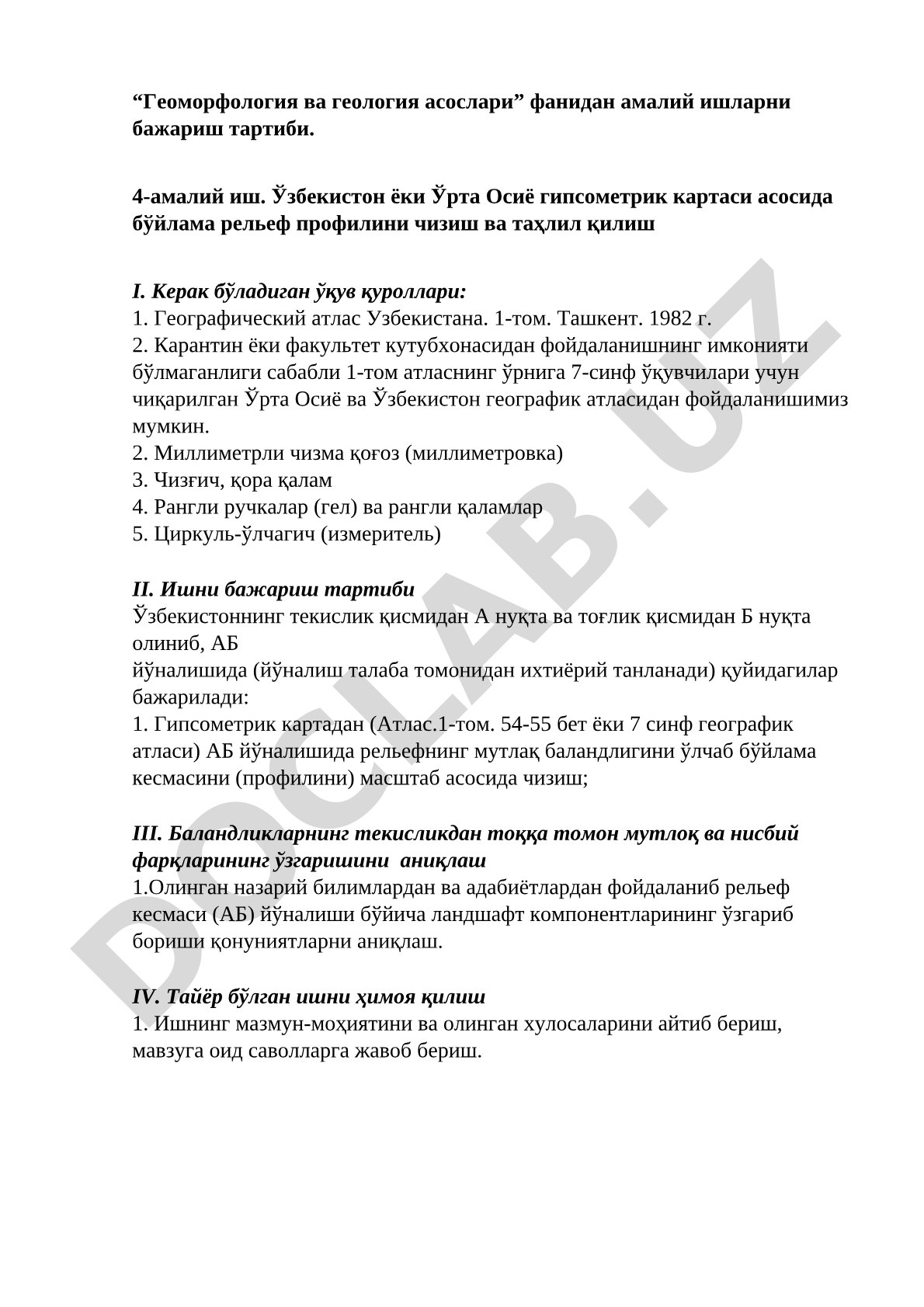 O'zbekiston yoki O'rta Osiyo gipsometrik kartasi asosida bo'ylama relyef profilini chizish va tahlil qilish