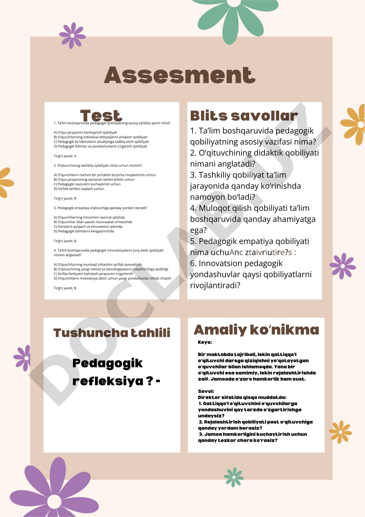 Pedagogik qobiliyatlar va refleksiya test savollari