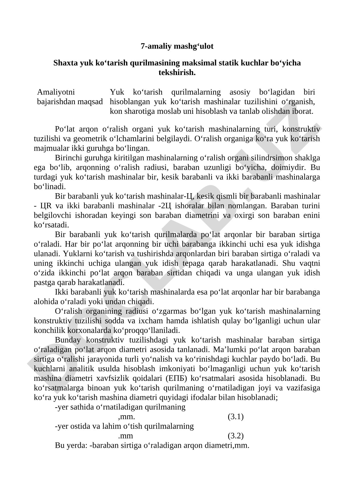 Shaxta yuk ko'tarish qurilmasining maksimal statik kuchlar bo'yicha tekshirish
